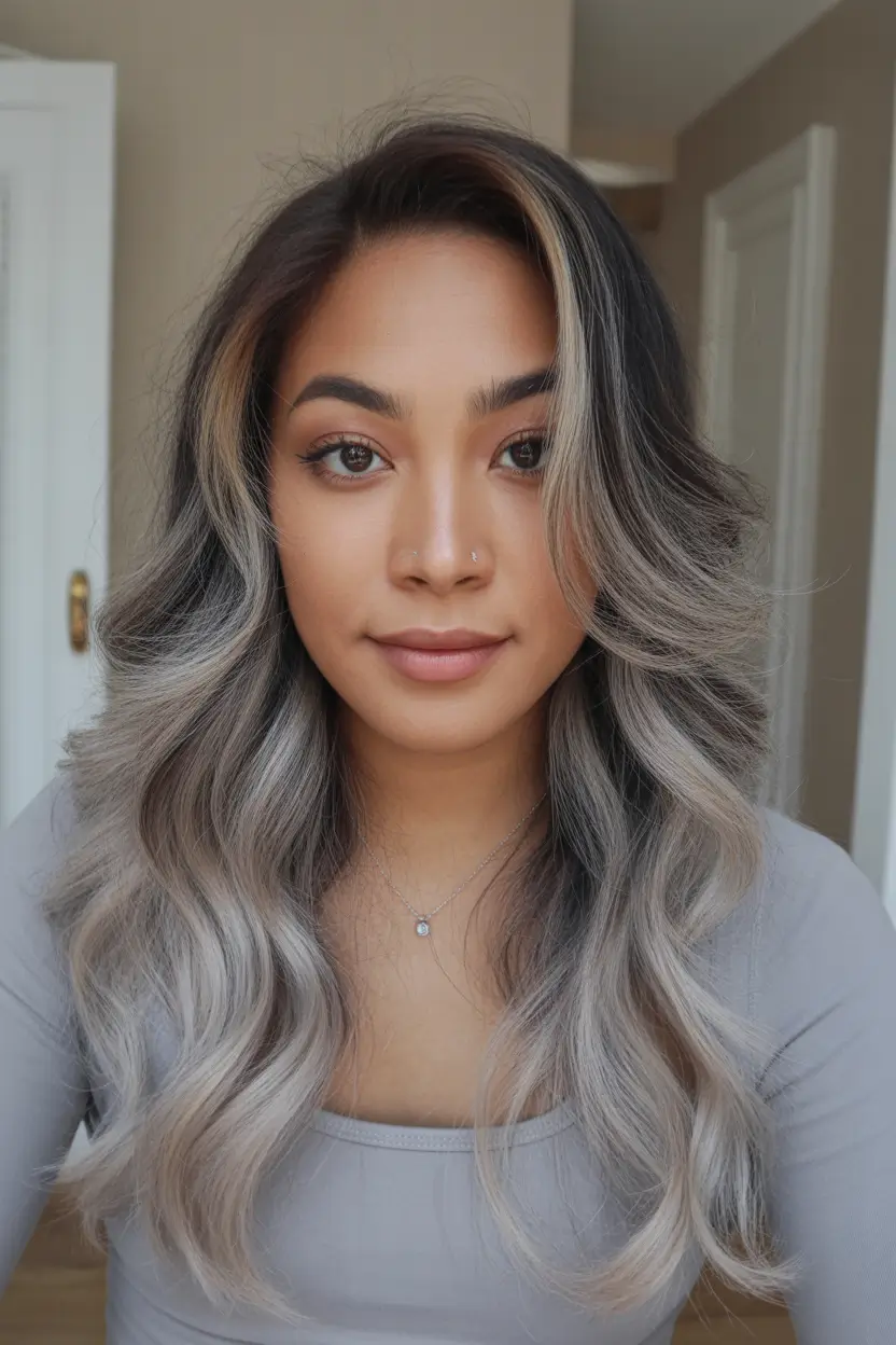 haircuts for thin fine hair Dimensional Long Wavy Silver-Brown Blend
