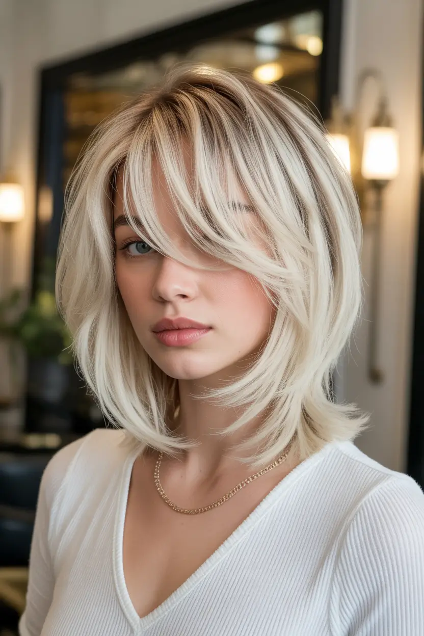haircuts for thin fine hair Feathered Medium Shoulder Length Cut With Sweeping Bangs