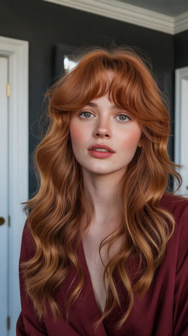 haircuts for wavy hair Long Strawberry Waves With Curtain Fringe