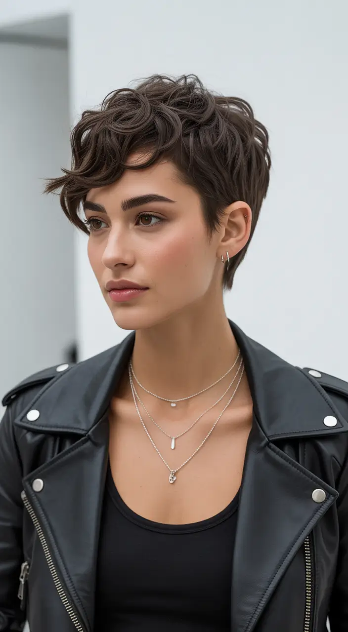 haircuts for wavy hair Layered Wavy Pixie With Subtle Edge
