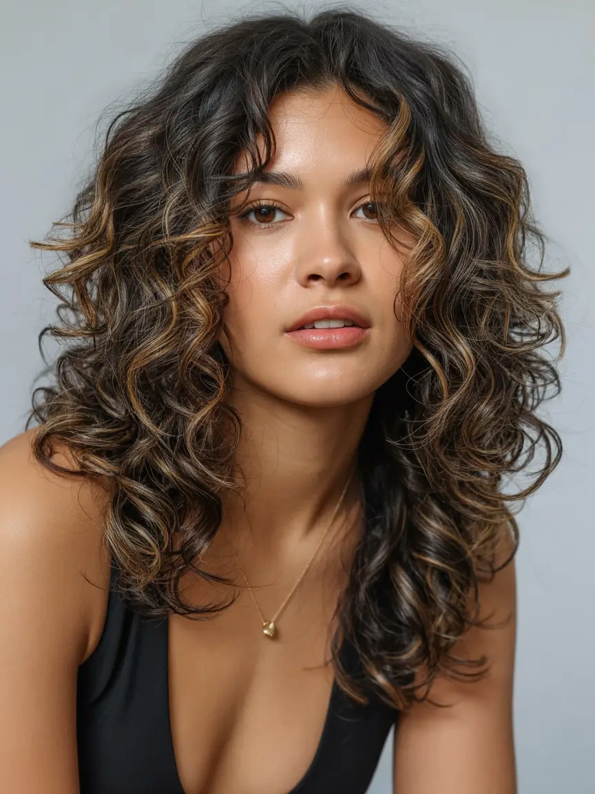haircuts for wavy hair Soft Mid-Length Curls With Delicate Golden Ribbons