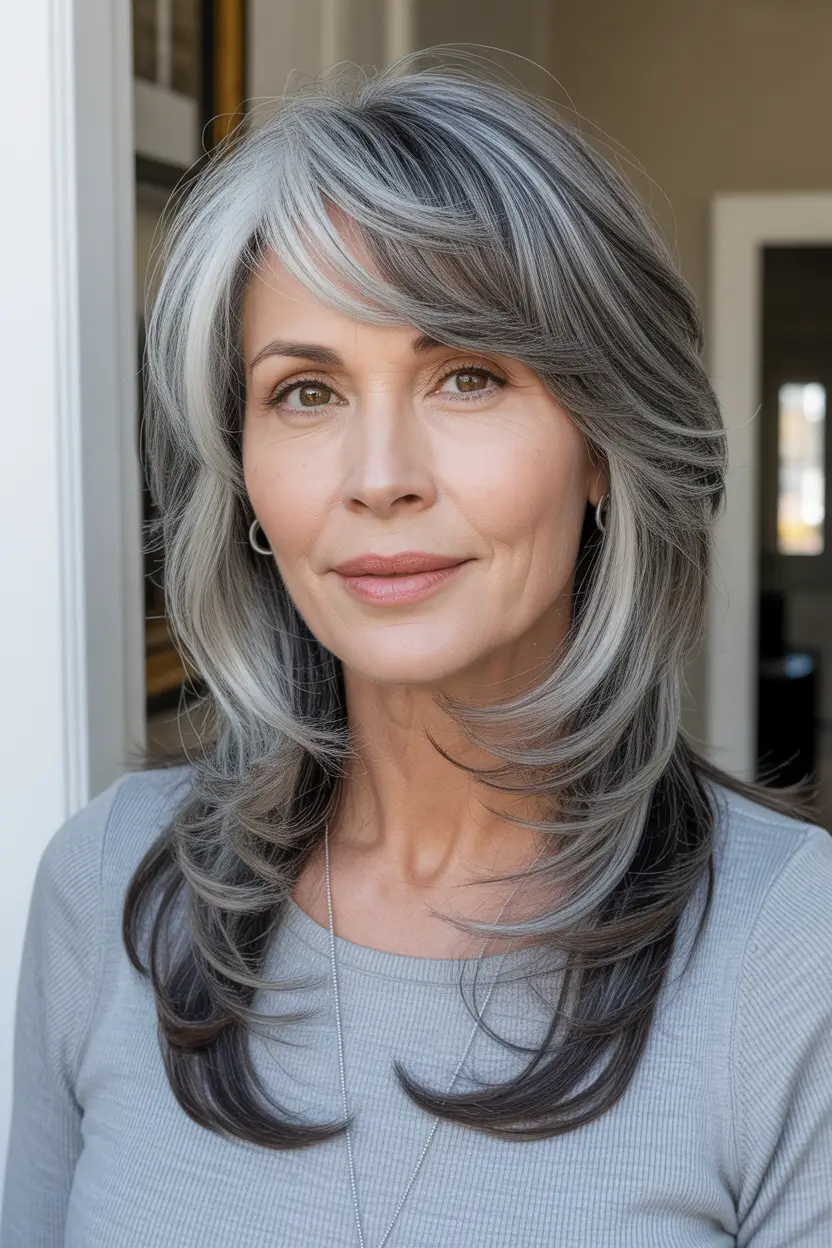 Haircuts for Women Over 50 Soft Gray Feathered Layers With Side Fringe