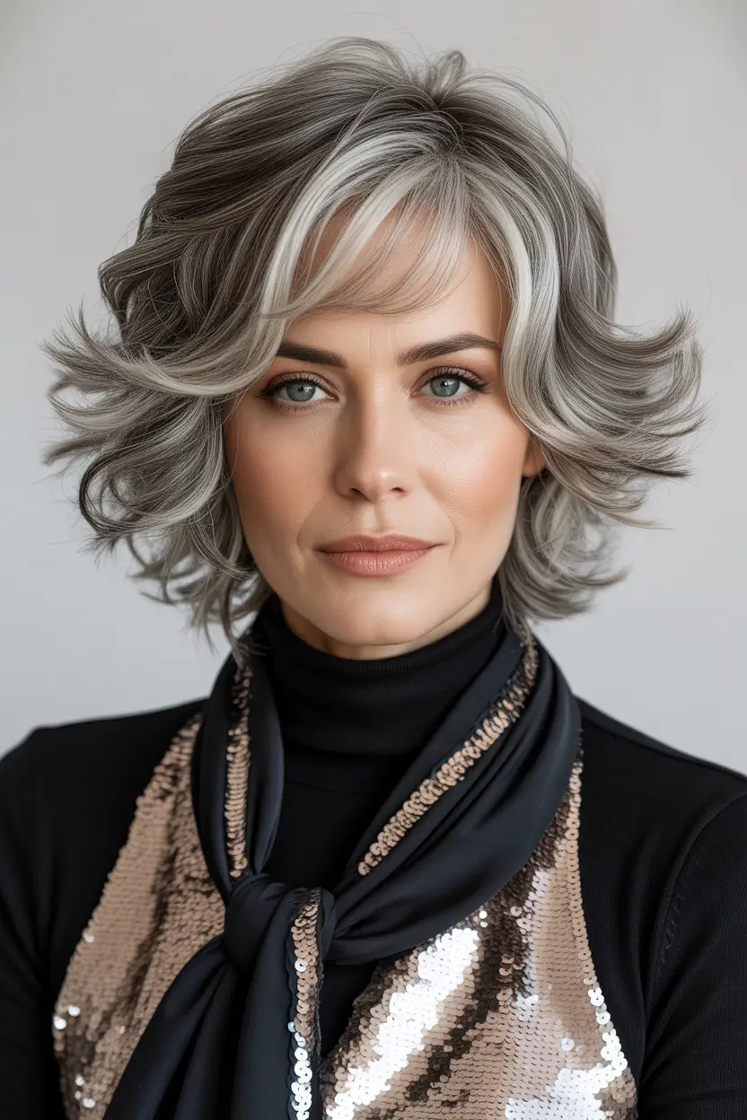 Haircuts for Women Over 50 Silver Highlighted Flipped Bob With Polished Volume