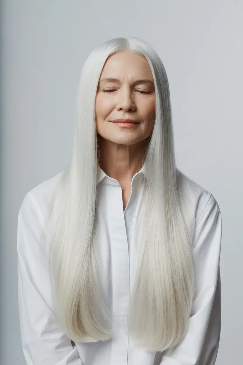 Haircuts for Women Over 50 Ultra-Long Sleek Silver Lengths With Classic Center Part