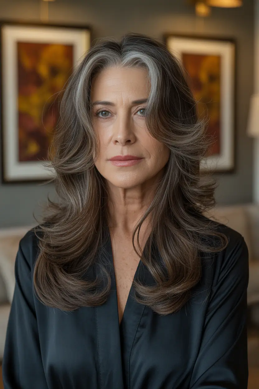 Haircuts for Women Over 50 Long Layered Silver Blend With Soft Waves