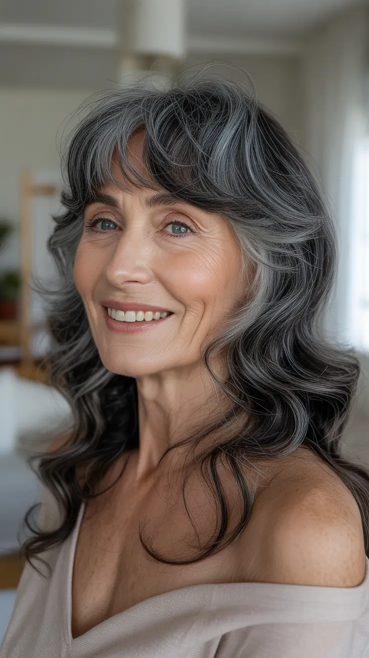 Haircuts for Women Over 50 Salt-and-Pepper Waves With Light Curtain Bangs