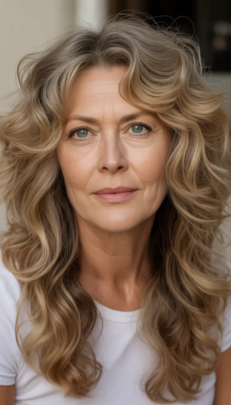 Haircuts for Women Over 50 Golden Flowy Waves With Feathered Face Layers