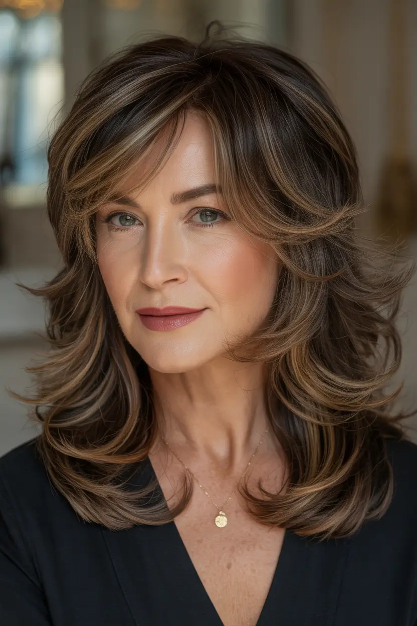 Haircuts for Women Over 50 Medium Layered Cut With Sunlit Brunette Highlights