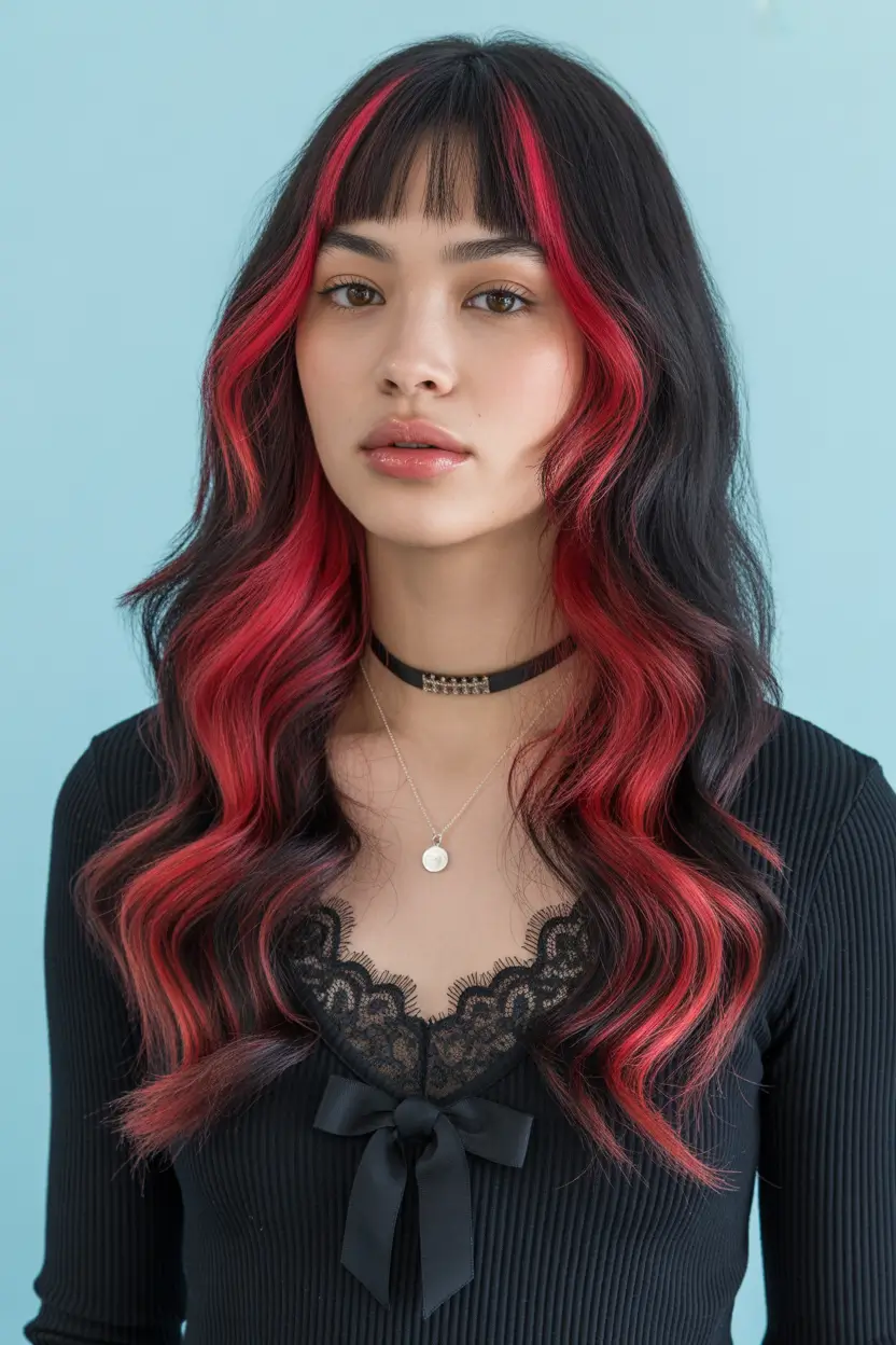 haircuts with bangs Long Wavy Red-Accent Layers With Baby Bangs