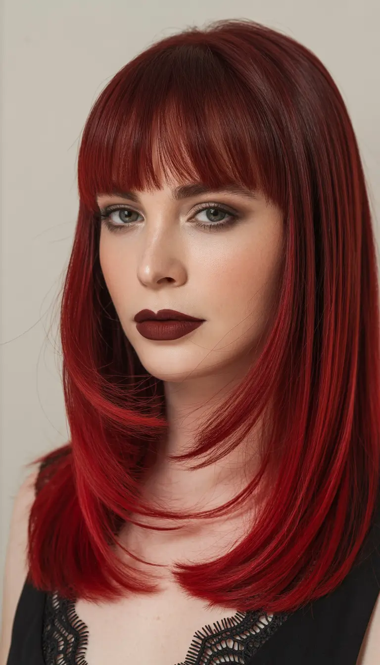 haircuts with bangs Rich Red Straight Layers With Polished Bangs