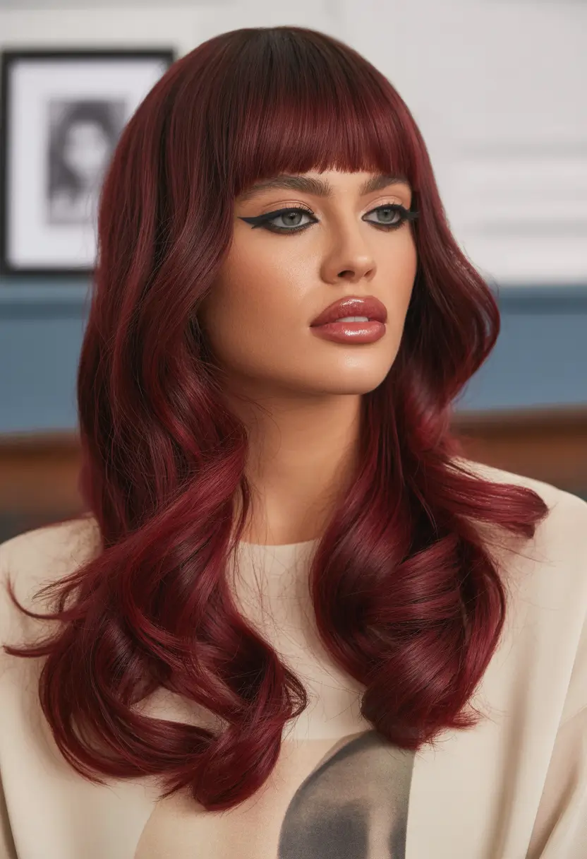 haircuts with bangs Glamorous Long Burgundy Waves With Blunt Bangs