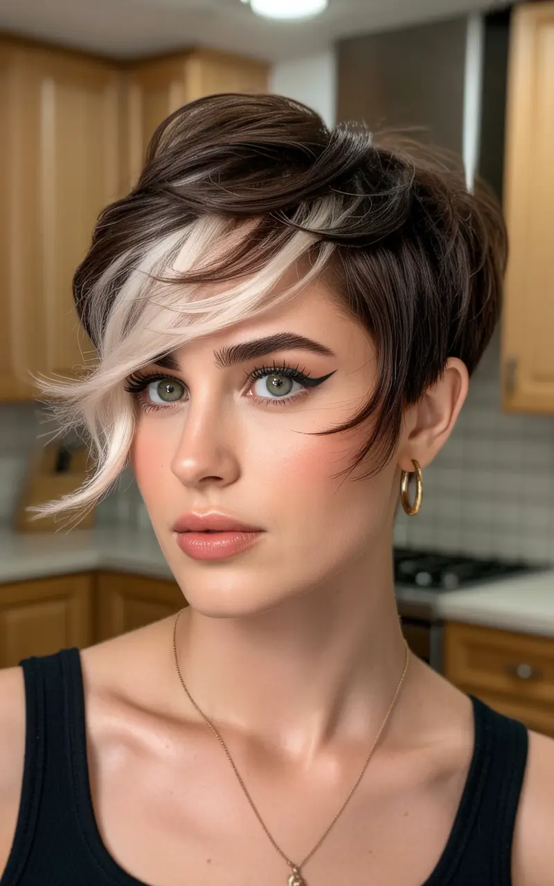 haircuts with bangs Asymmetric Pixie With Bold Streak