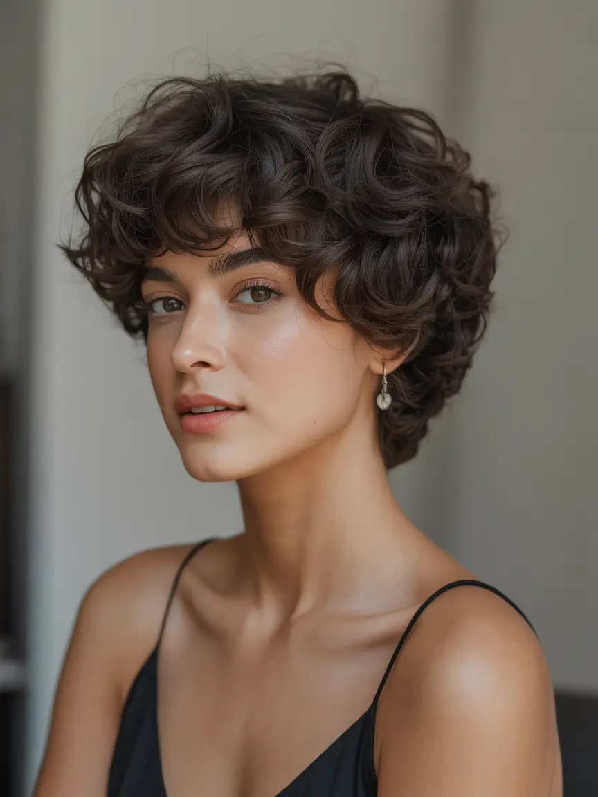 haircuts with bangs Curly Pixie Bob With Soft Curly Bangs