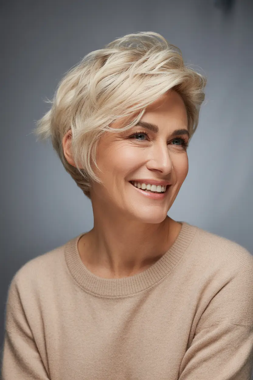 haircuts with bangs Soft Blonde Pixie With Swept-Over Bangs