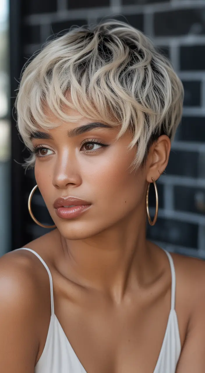 haircuts with bangs Textured Platinum Pixie With Tousled Bangs