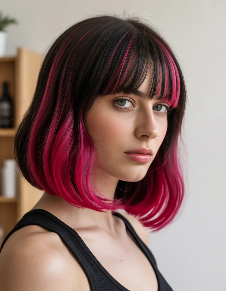 haircuts with bangs Vivid Pink Bob With Blunt Bangs