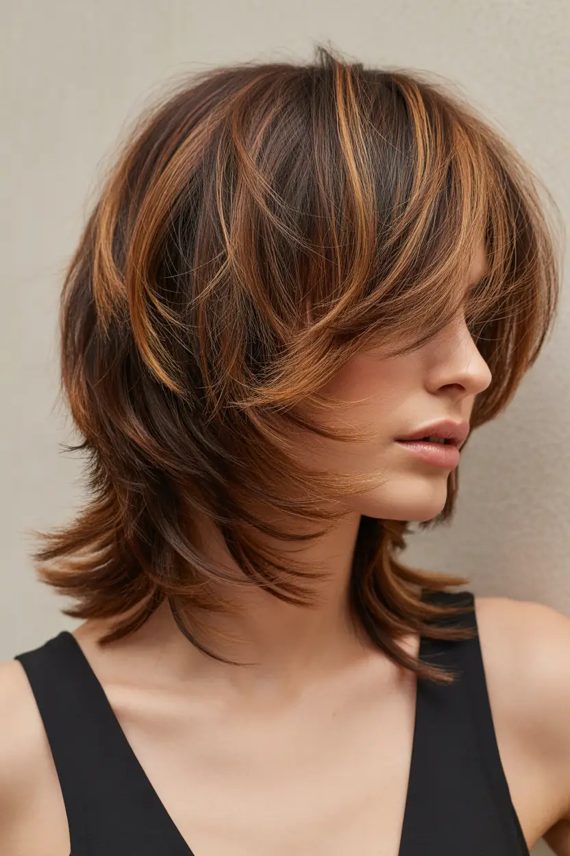 shag haircut Warm-Brunette-Medium-Shag-With-Caramel-Flicks