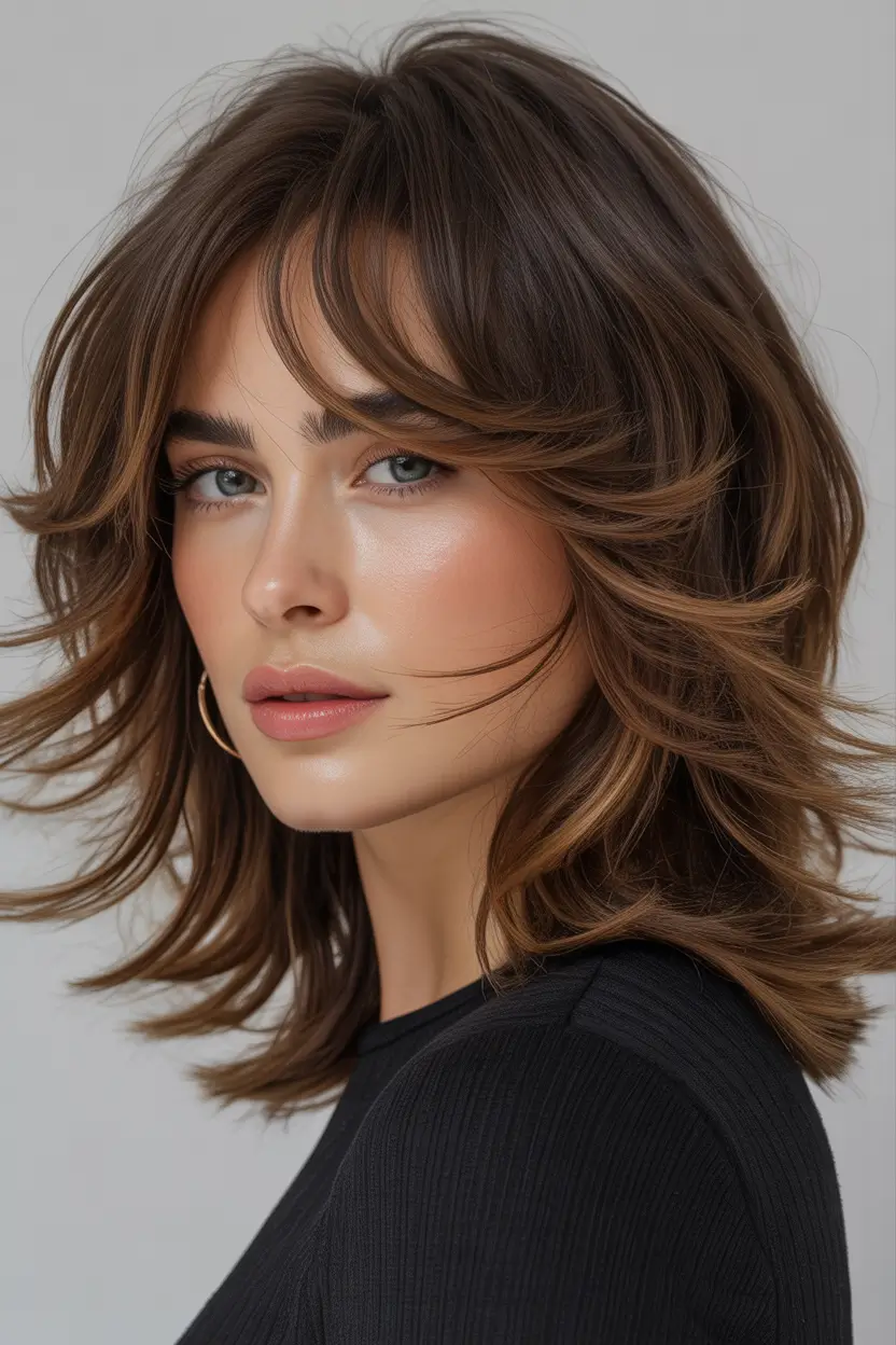 shag haircut Medium-Shag-With-Caramel-Ribbons-and-Soft-Curtain-Bangs