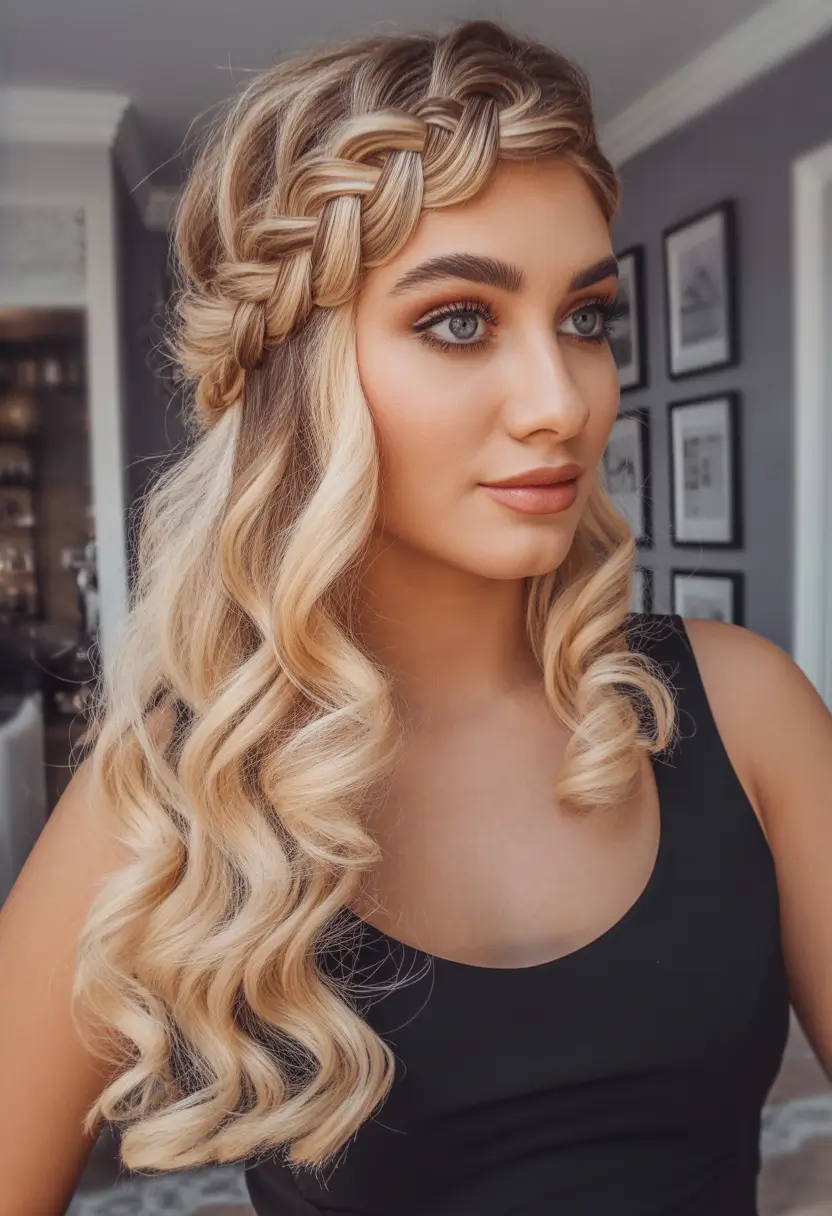 21 Cute long hair hairstyles 2026 Loose Waves with a Braided Crown
