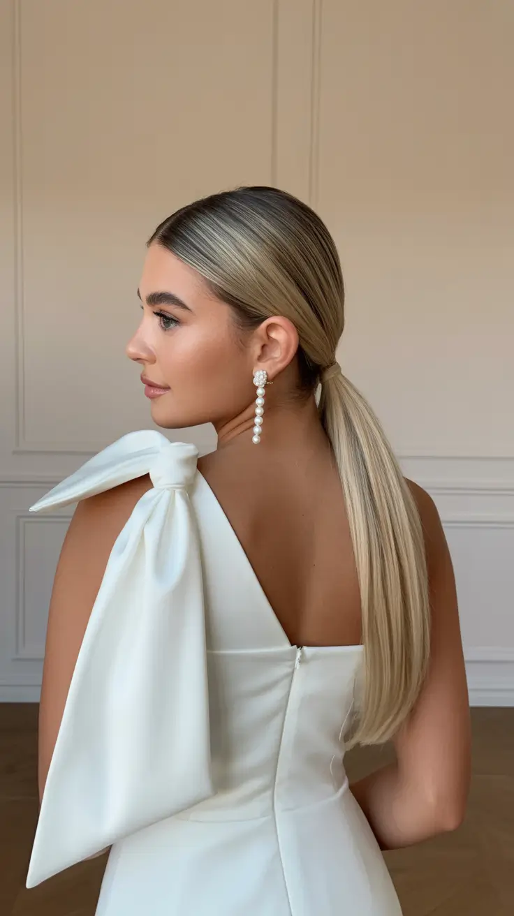 21 Cute long hair hairstyles 2026 Sleek Low Pony with Soft Glam Details