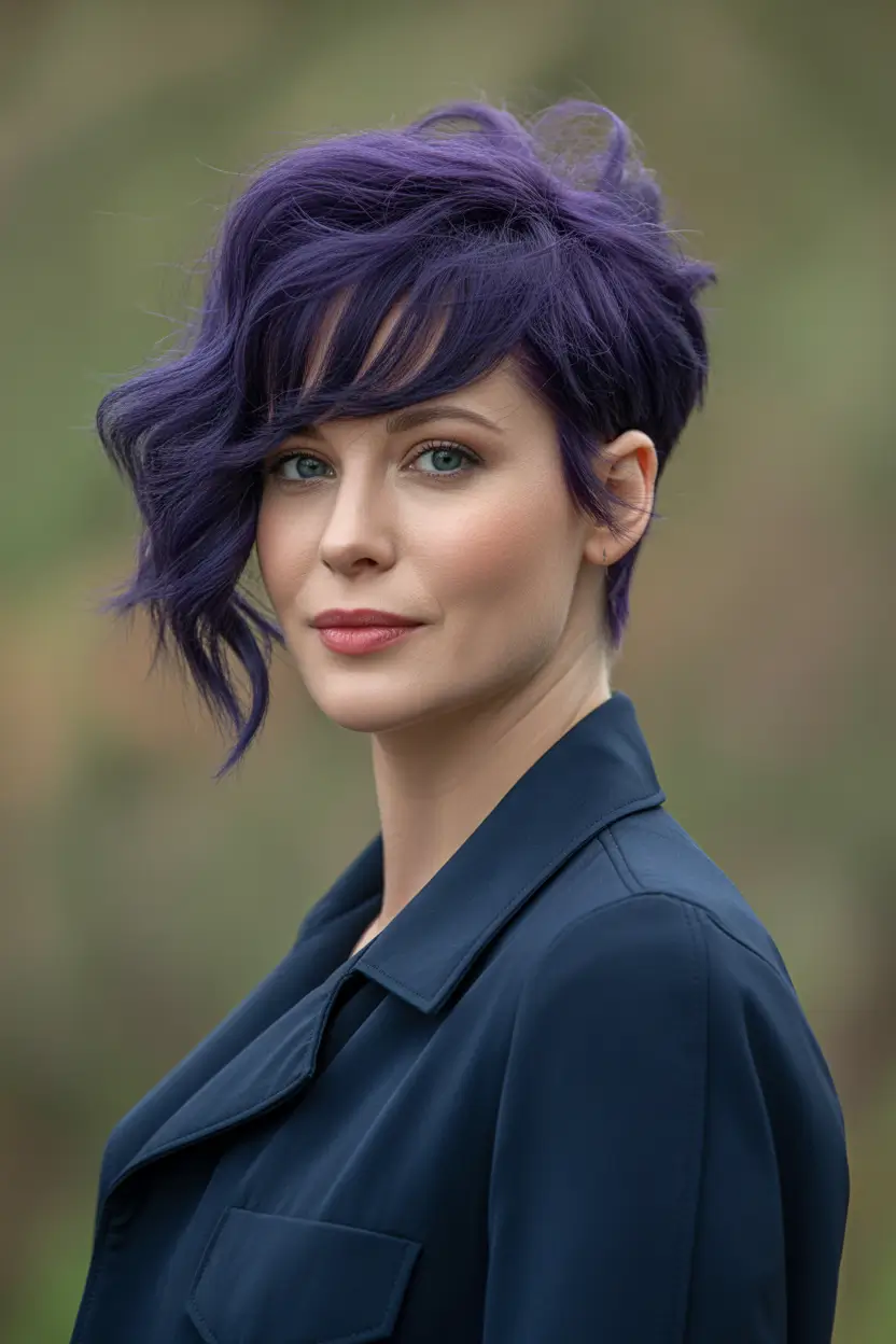 pixie haircuts Deep Violet Asymmetric Pixie With Artsy Volume