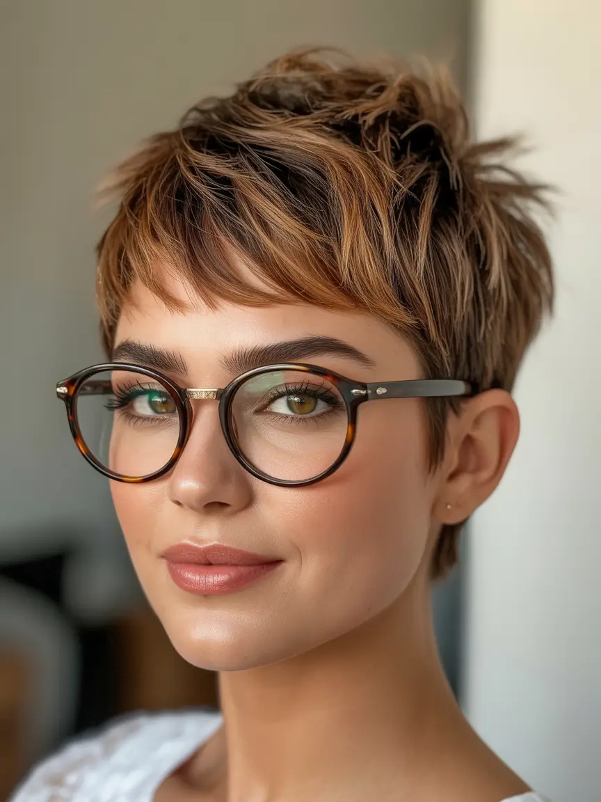 pixie haircuts Warm Brunette Pixie With Highlighted Definition