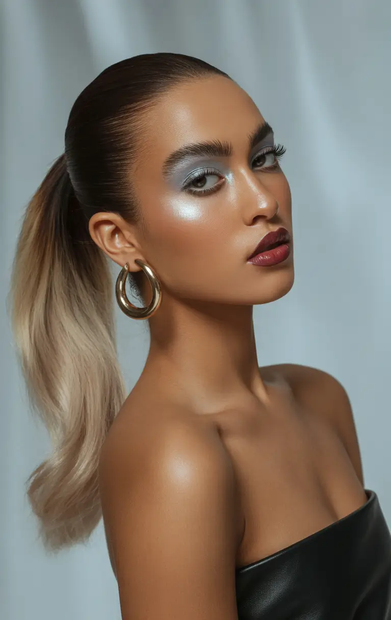 quick hairstyles Slick Gradient Ponytail With Metallic Shine