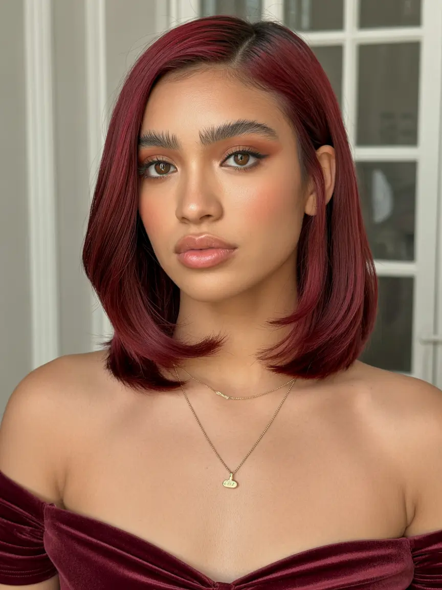 straight hairstyle Velvet Red Mid-Length With Subtle Flicked Ends