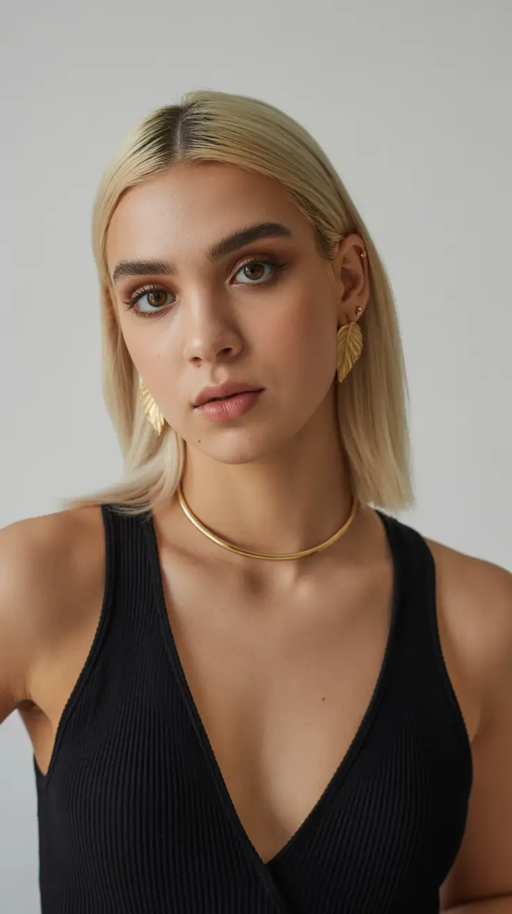 straight hairstyle Blonde Sleek Collarbone Length With Center Part