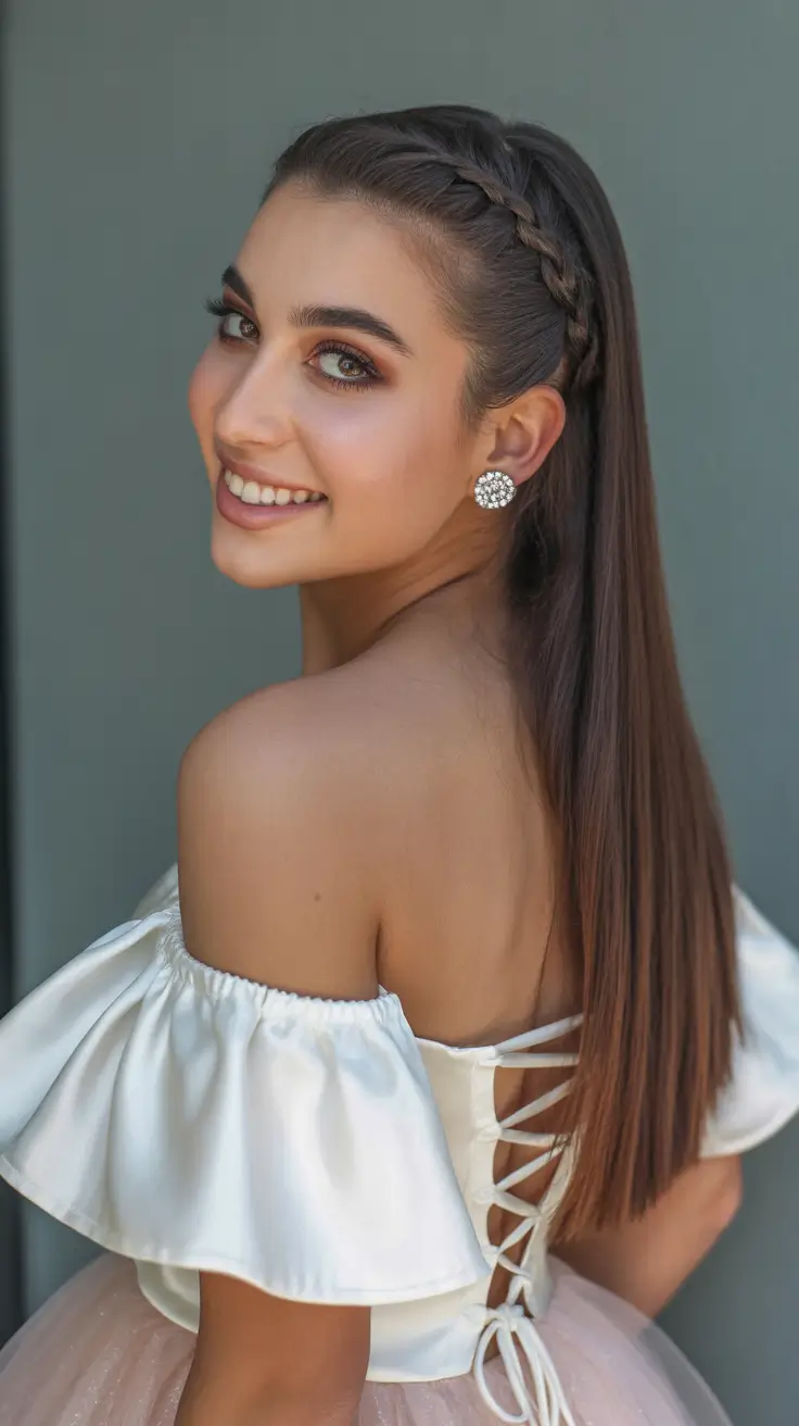 straight hairstyle Romantic Braided Crown With Straight Tail