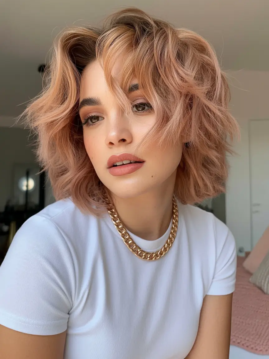 haircut Textured Rose-Gold Shaggy Bob