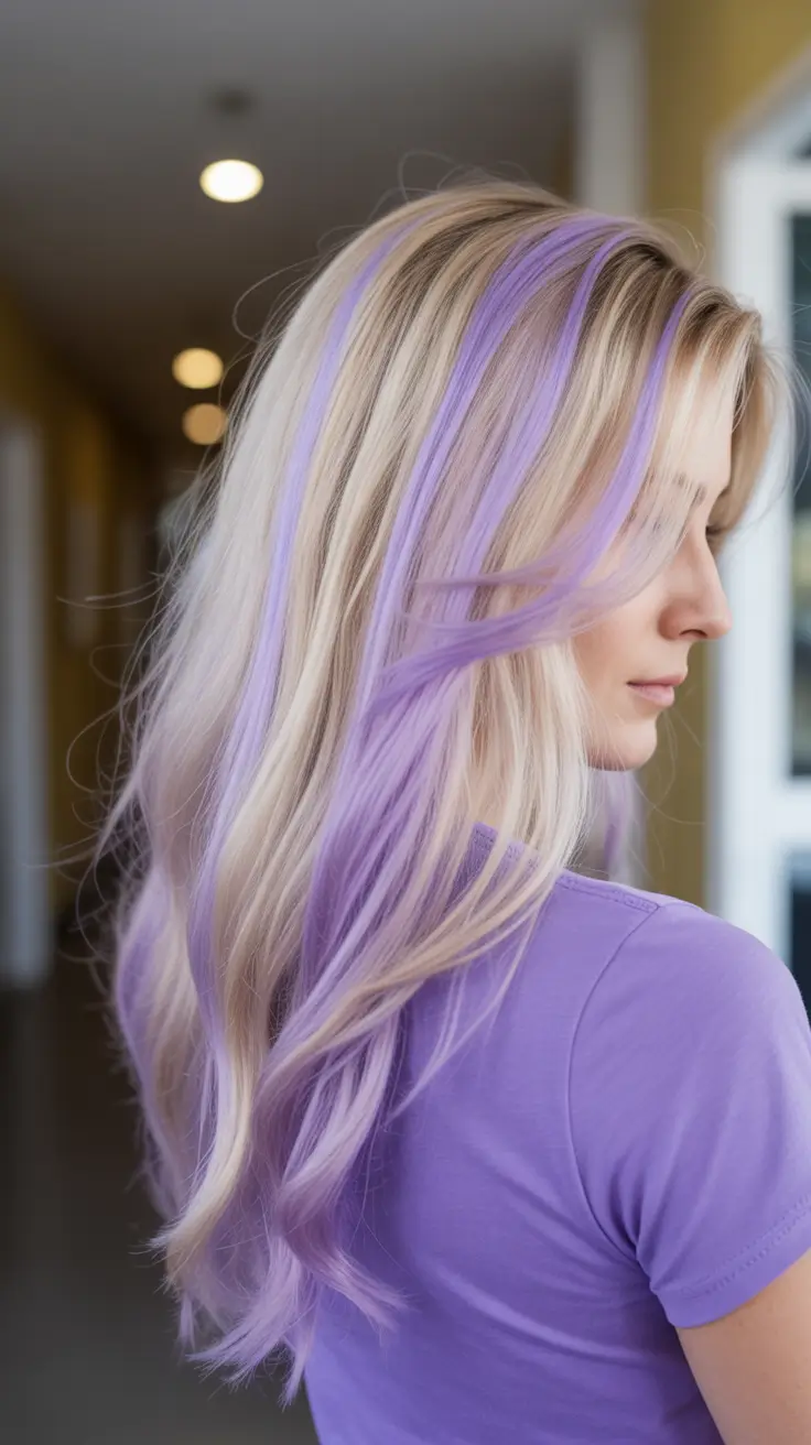 hair color Pastel Lilac Streaks on Cream Blonde