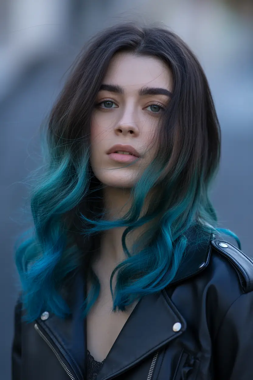 hair color Deep Teal Dip-Dye With Smoky Roots