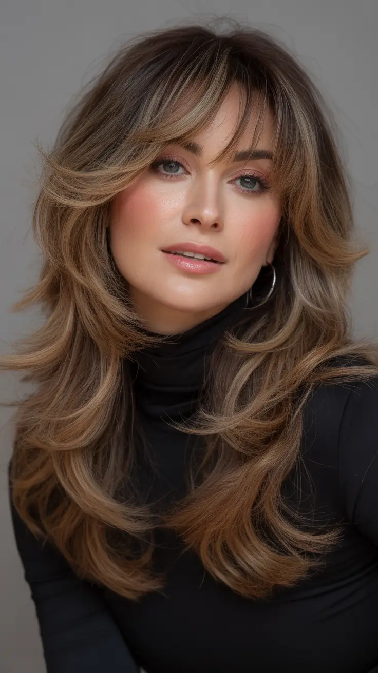 hair color Feathered Layers With Soft Brunette Dimension
