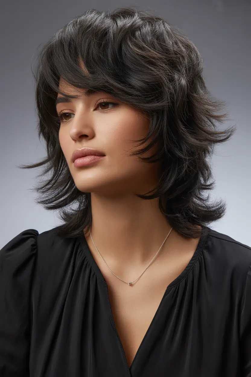 shag haircut Soft-Layered-Black-Shag-With-Flipped-Texture