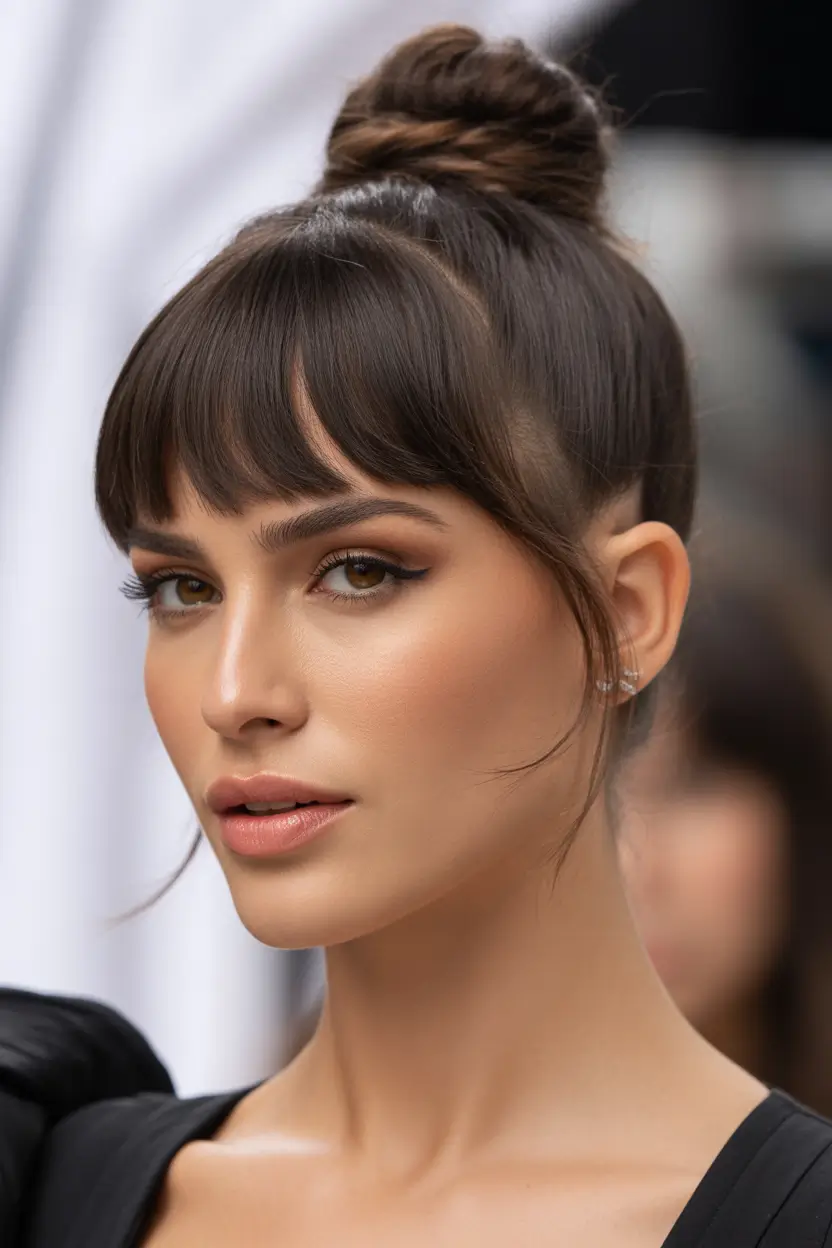 Hairstyles ideas Soft Fringe Bun With Face-Hugging Tendrils