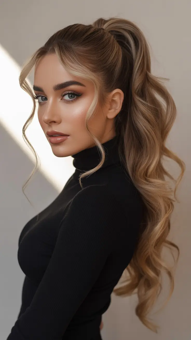 Hairstyles ideas Long Soft Curls With Elevated Ponytail Height