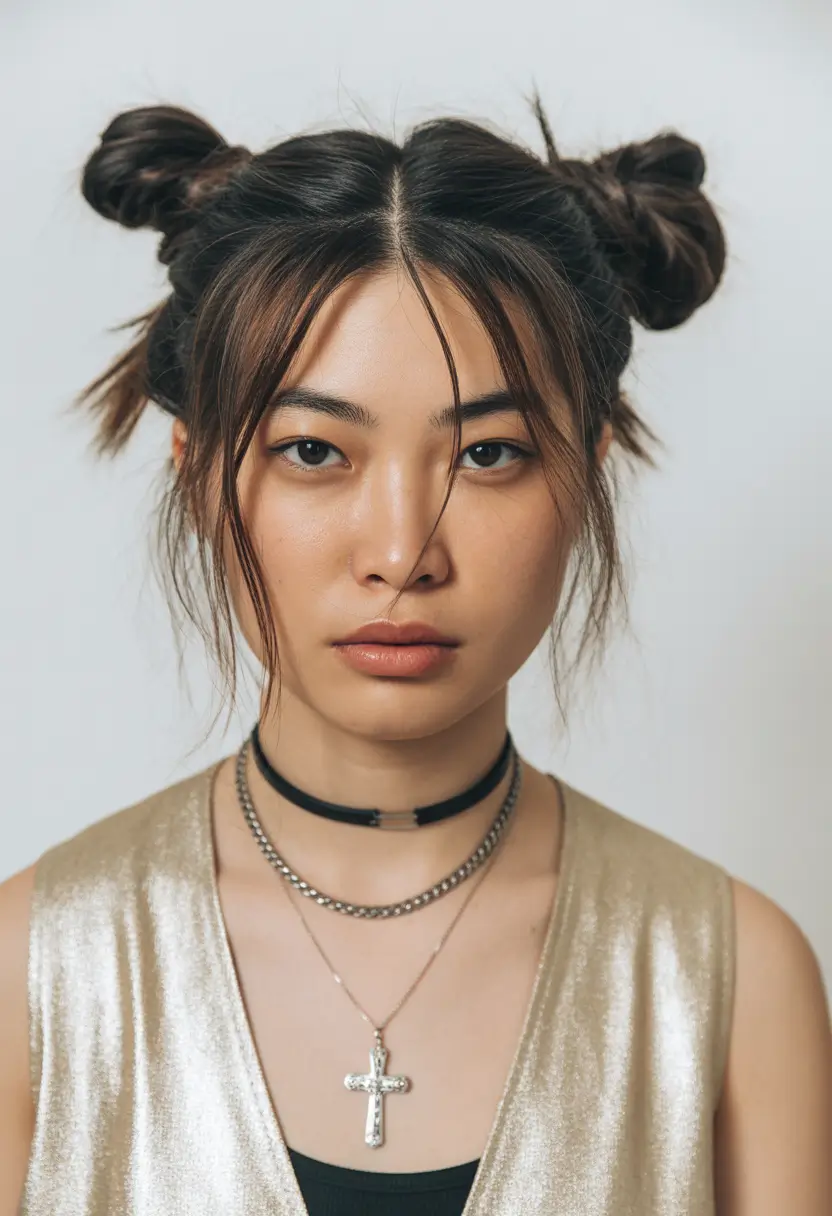 Hairstyles ideas Messy Double Buns With Soft Bang Tendrils