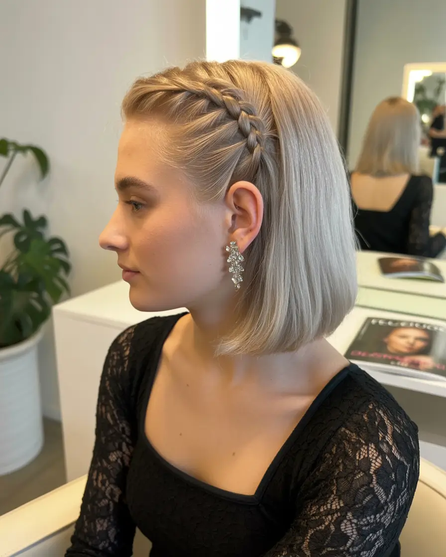 cute hairstyle Side Braid Accent on a Sleek Short Bob